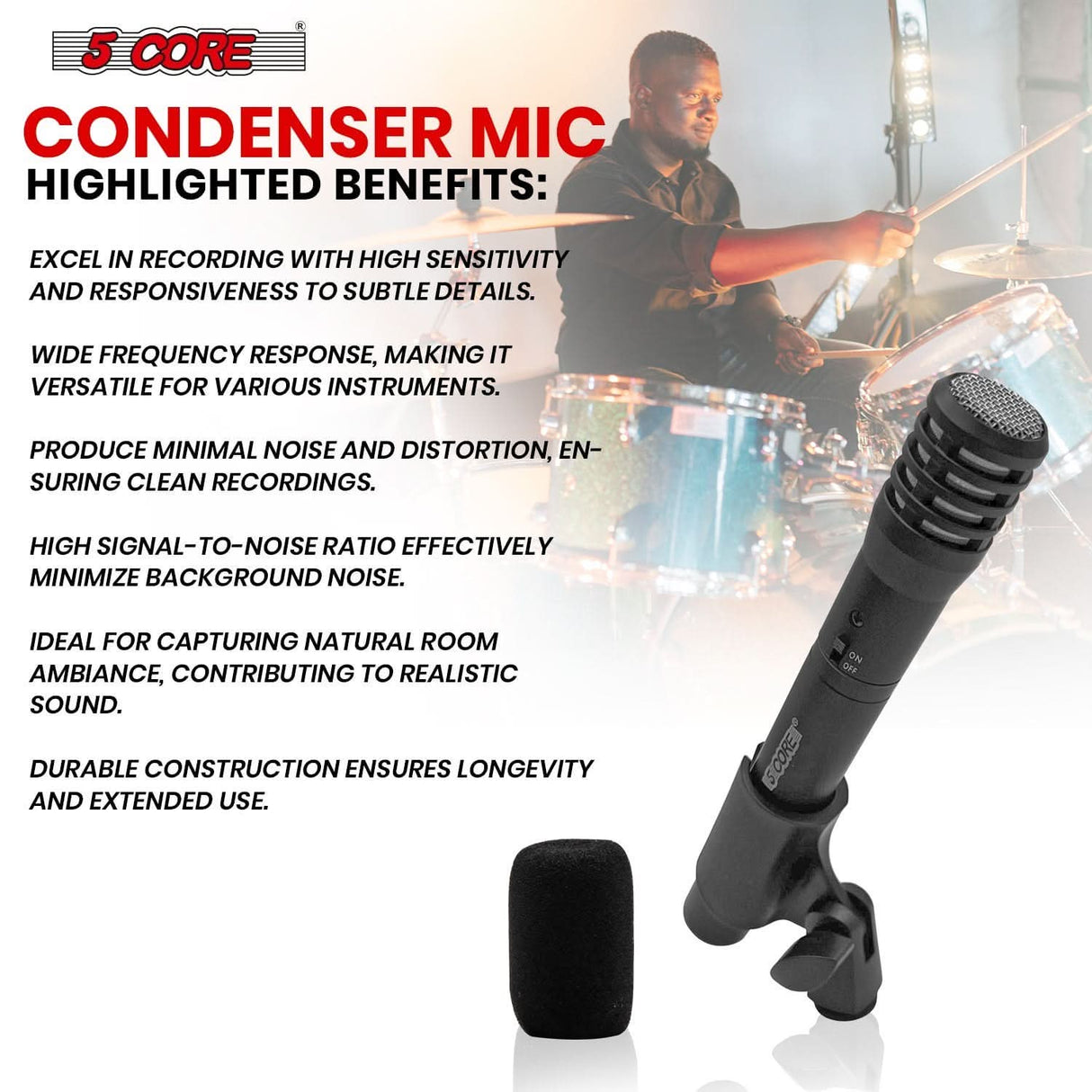 5Core professional black XLR pencil stick condenser mic, cardioid pattern for instruments