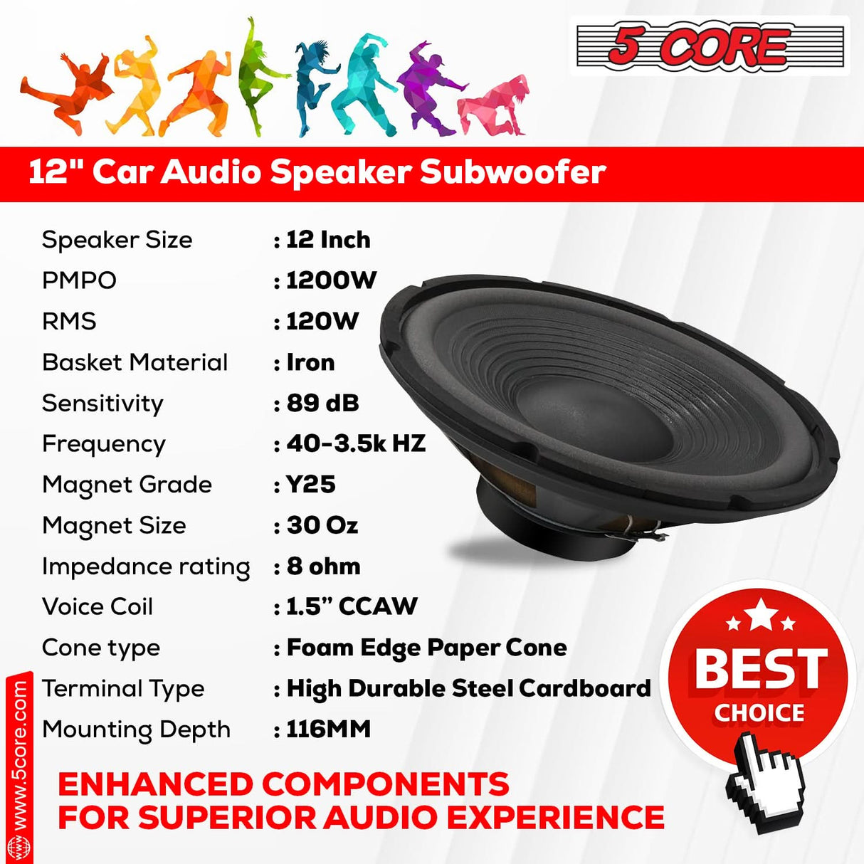 5Core 12" Subwoofer 1200W PA DJ Sub Woofer Audio Pair 8Ohm w Deep Bass Pro Audio Replacement Loud Speaker