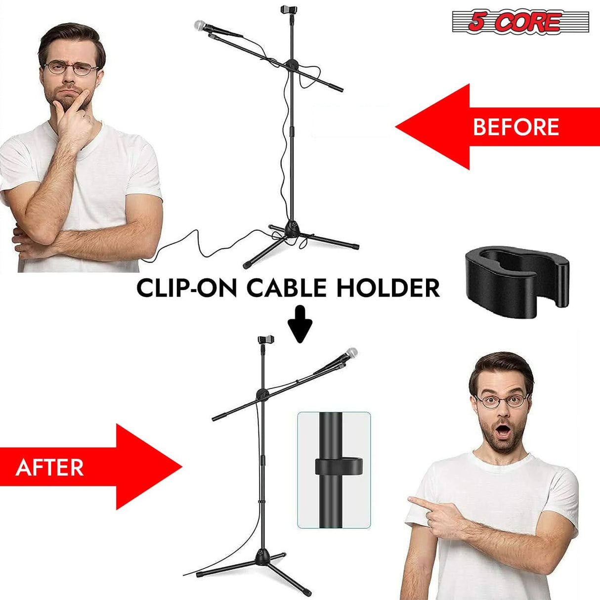 Black tripod mic stands with flexible boom arms