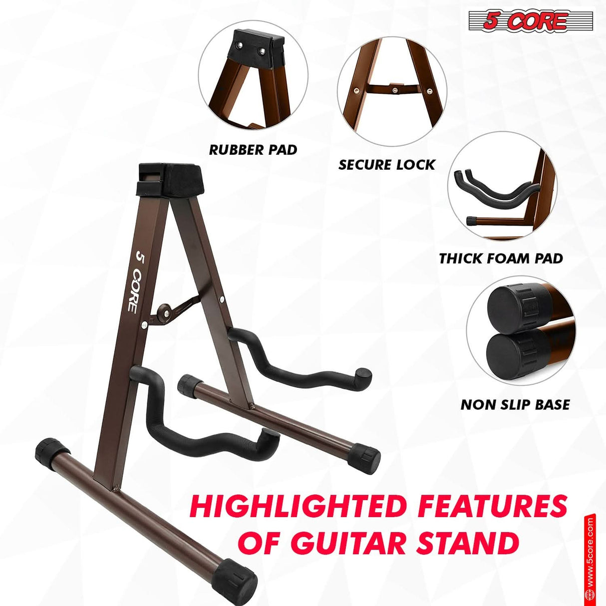 Compact 5Core guitar floor stand with brown coating for home and studio