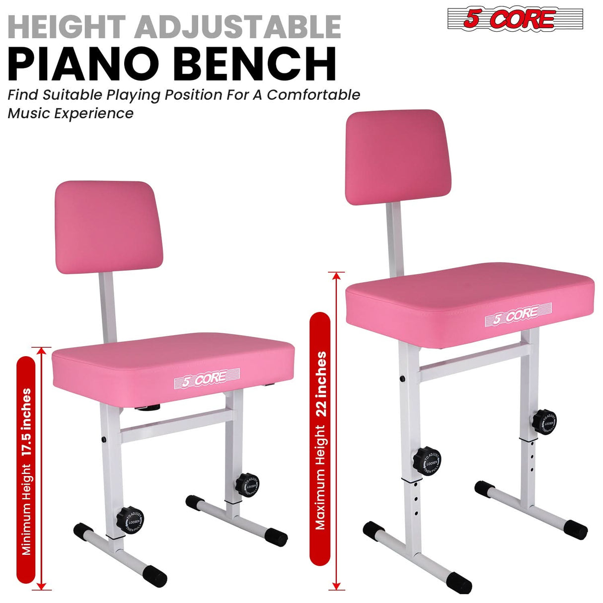 5 Core Piano Bench 3" Padded Cushioned Stool w Backrest Heavy Duty Musician Chair Height Adjustable