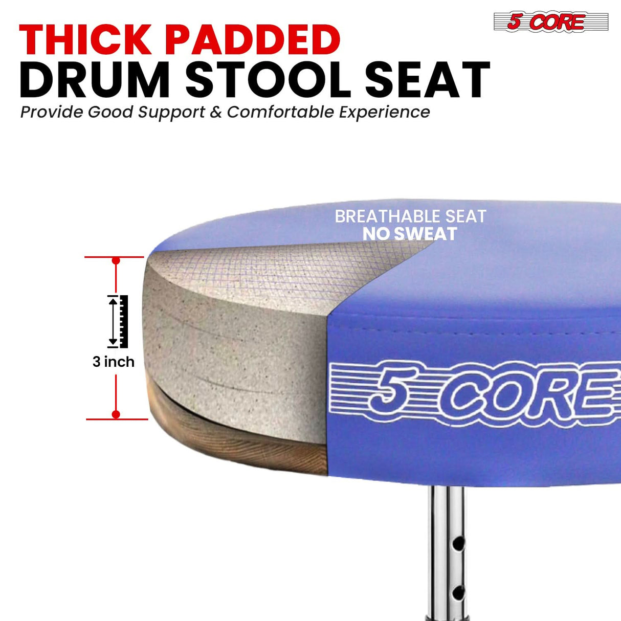 5Core Drum Throne Adjustable Guitar Stool Padded Seat + Drum Practice Pad Snare Drumming Stand