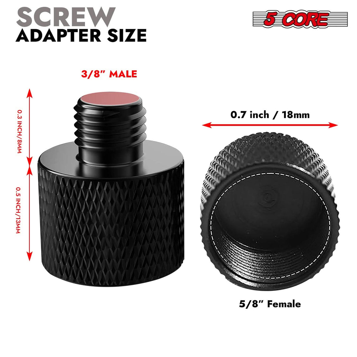 5Core mic stand converter, 5/8" female to 3/8" male, 12-piece screw thread adapter set