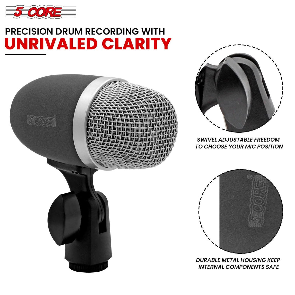 5Core gray snare microphone XLR wired for tom drum and instrument recording uni-directional