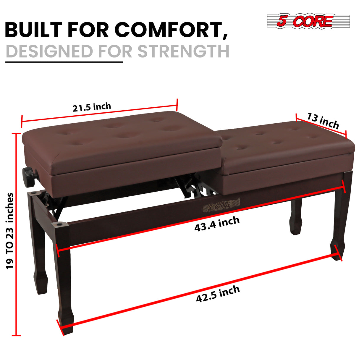 5 Core Duet Piano Bench 3.5 Inch Padded Cushioned Stool Wooden Heavy Duty Musician Chair w Storage