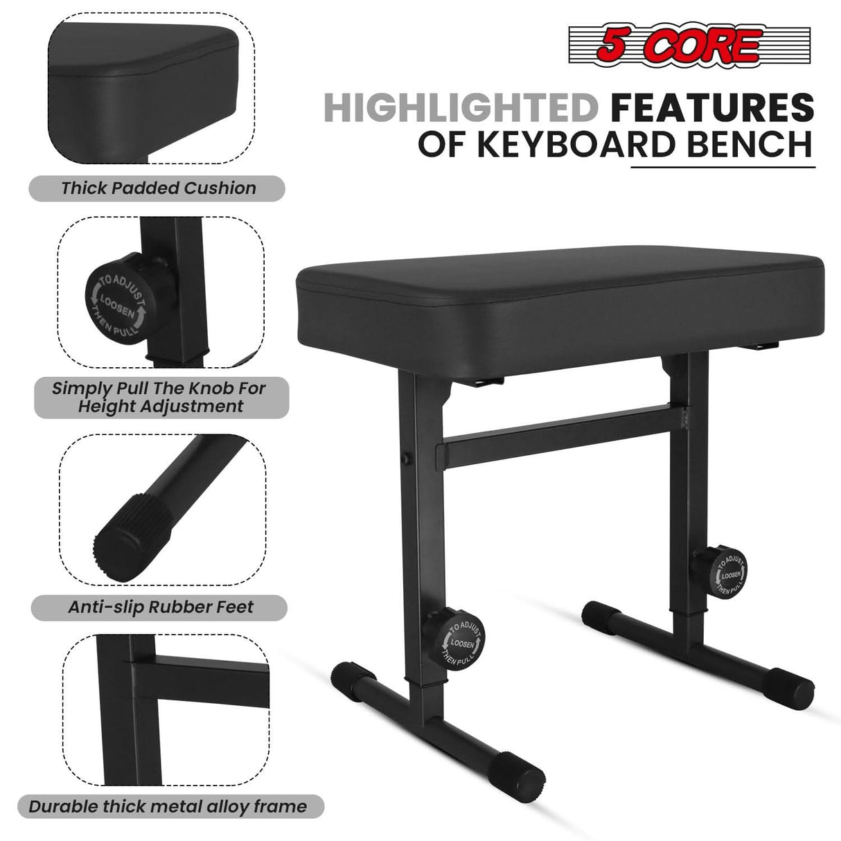 Key features include adjustable height, ergonomic design, and durable construction for comfort and support during long hours of use