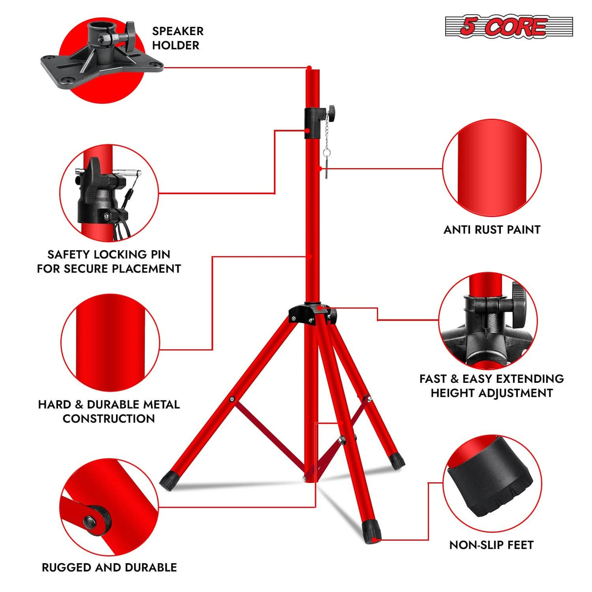5Core adjustable red speaker stand ideal for DJs and studios