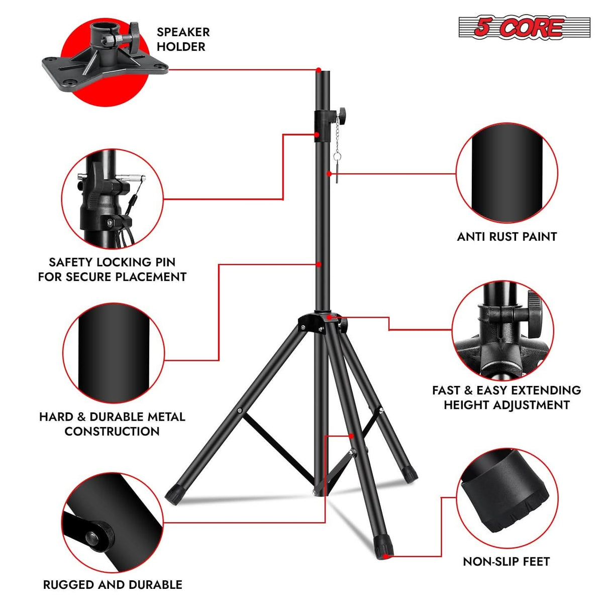 5Core Speaker Stand Tripod 2Pcs Tall Adjustable 72 Inch DJ Studio Monitor Stands Pole Mount