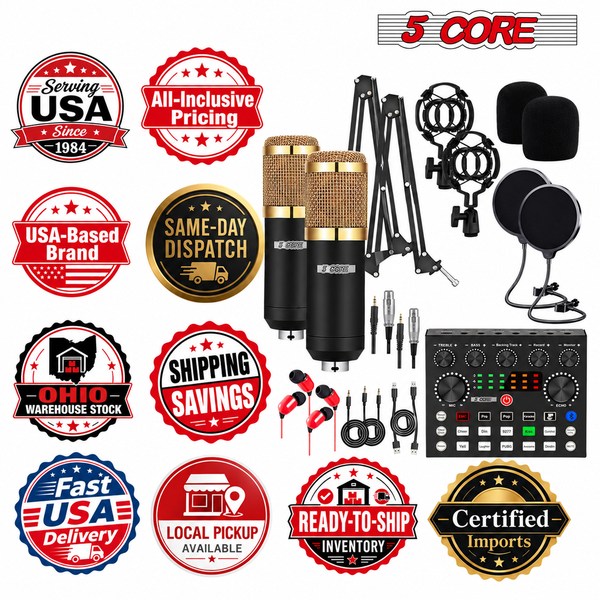 5 Core Podcast Equipment Bundle w Condenser Mic Voice Changer Audio Mixer