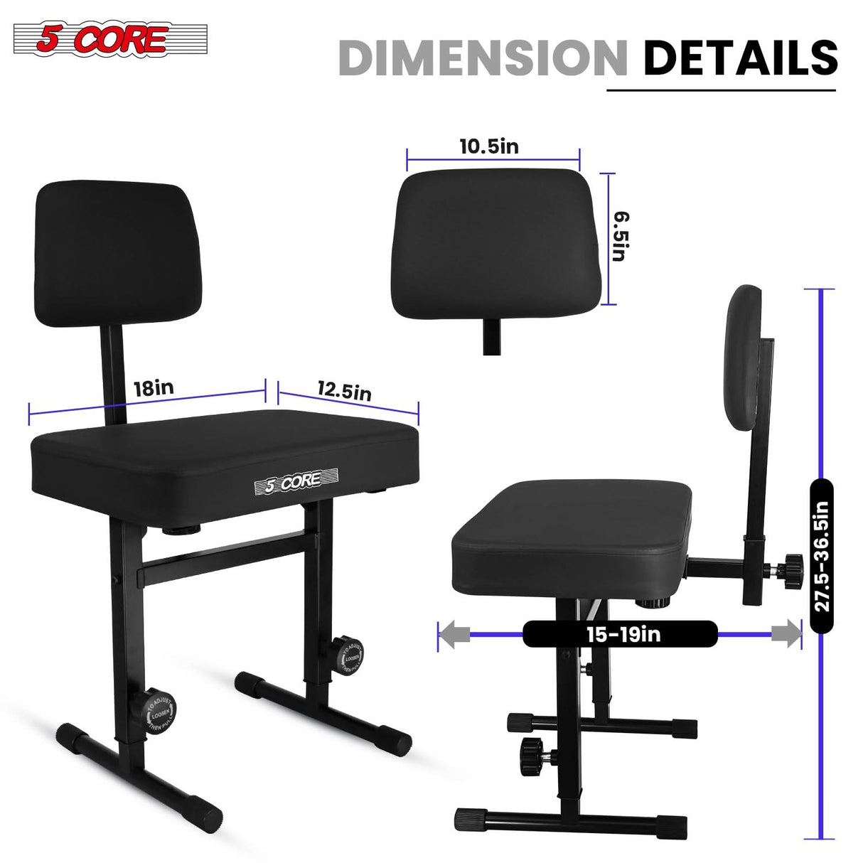 5 Core Piano Bench 3" Padded Cushioned Stool w Backrest Heavy Duty Musician Chair Height Adjustable