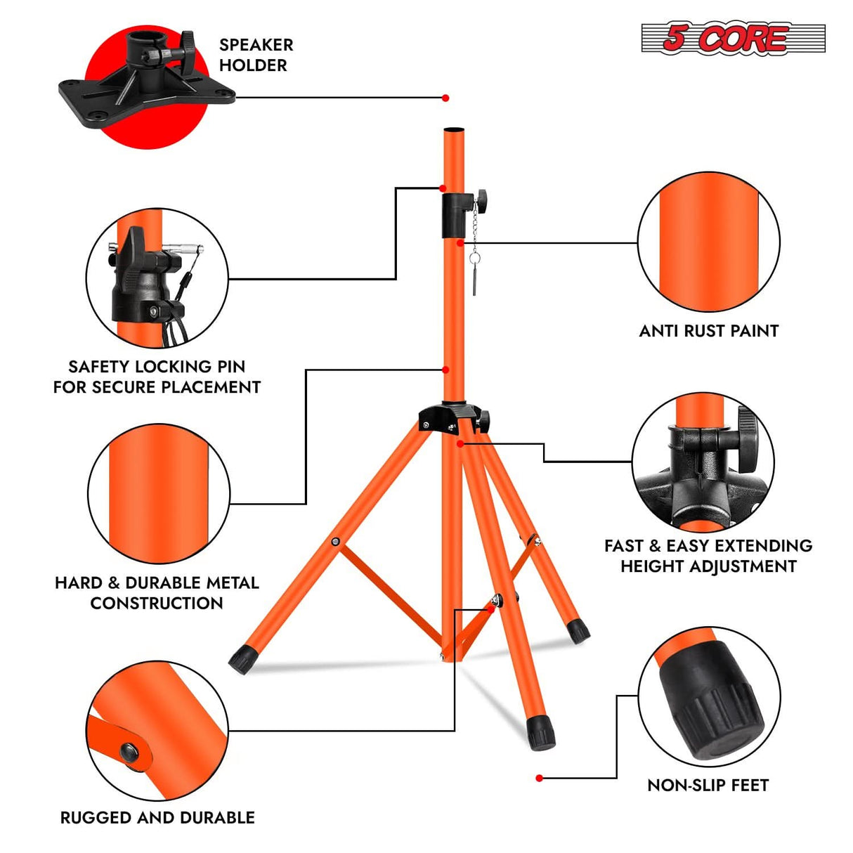 5Core adjustable speaker stand in orange for space-saving audio setups