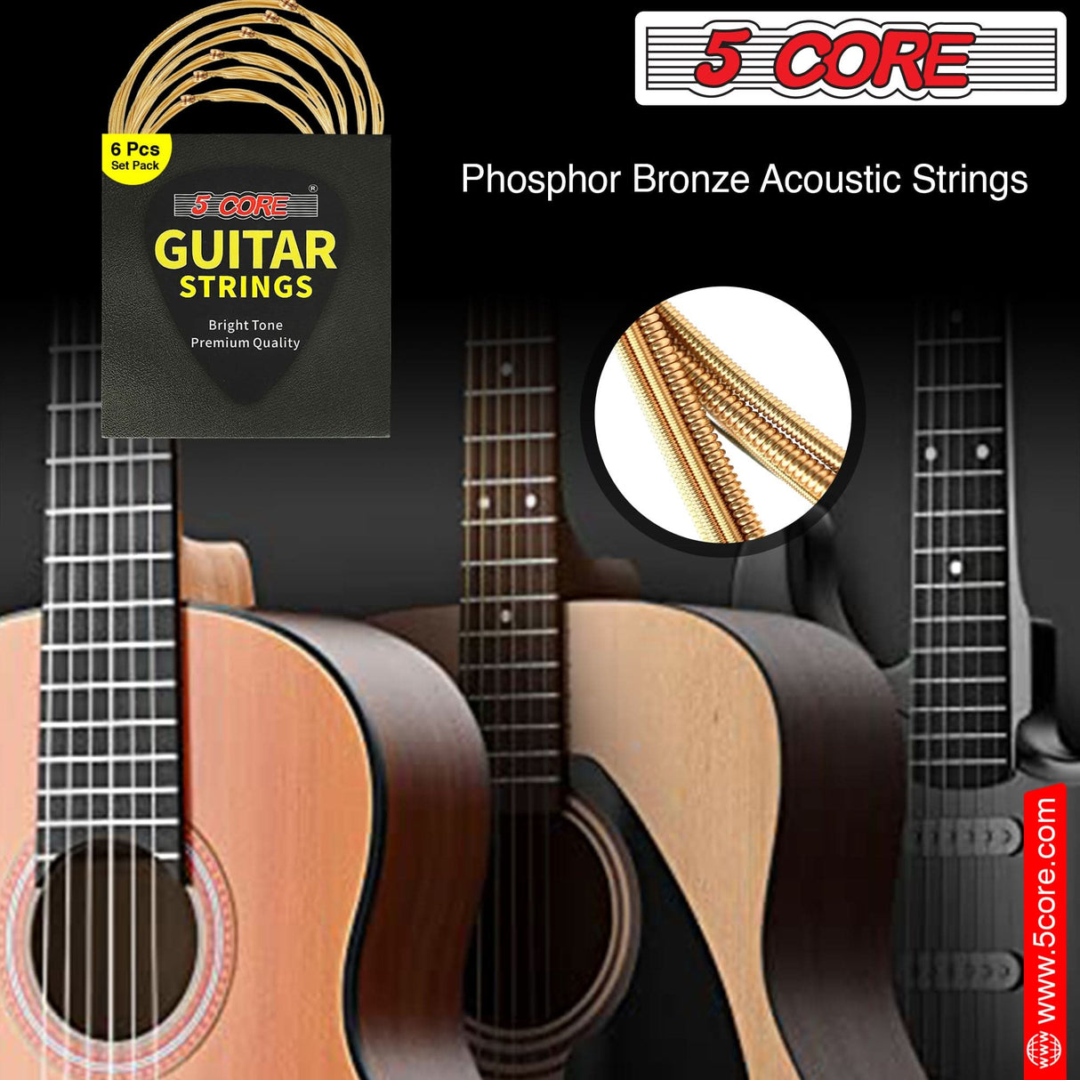 5 Core Acoustic Guitar 6 String Set Light Gauge Steel Carbon Core Bright Powerful Tone Heavy Duty