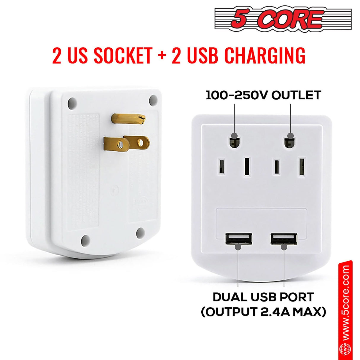 Dual USB and dual outlet 5 Core adapter for international convenience