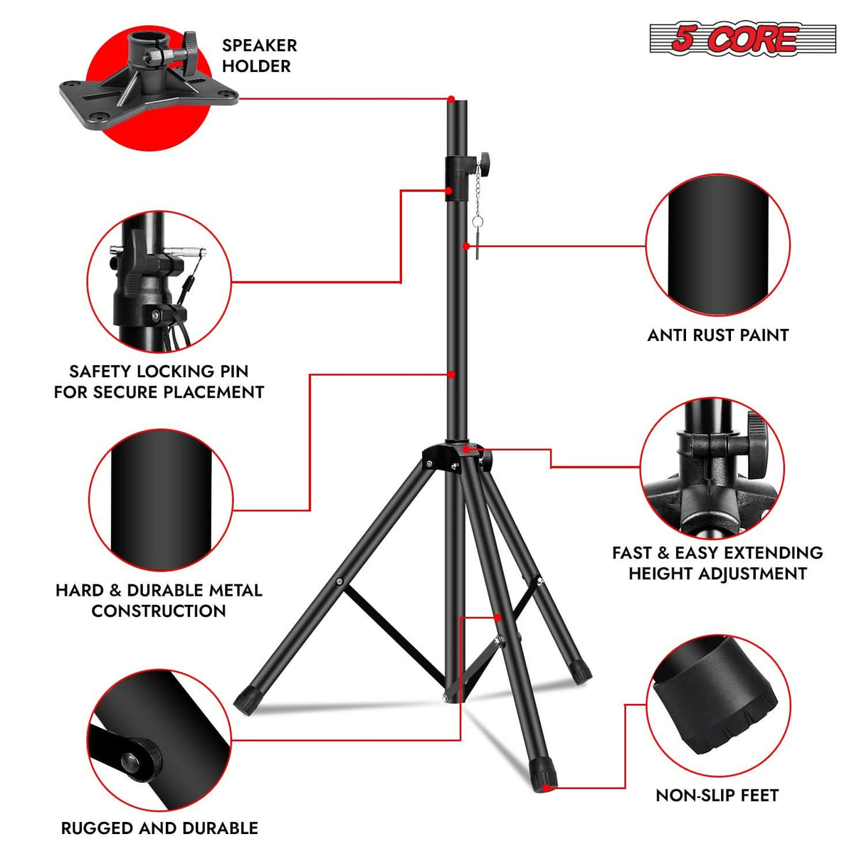 5Core durable speaker stand tripod adjustable up to 72 inches with pole mount for DJs