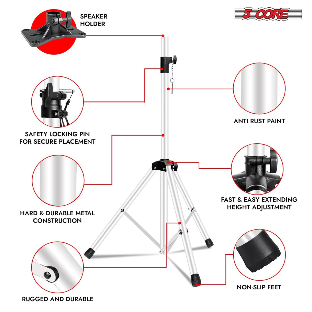 5Core Speaker Stand Tripod 2Pcs Tall Adjustable 72 Inch DJ Studio Monitor Stands Pole Mount