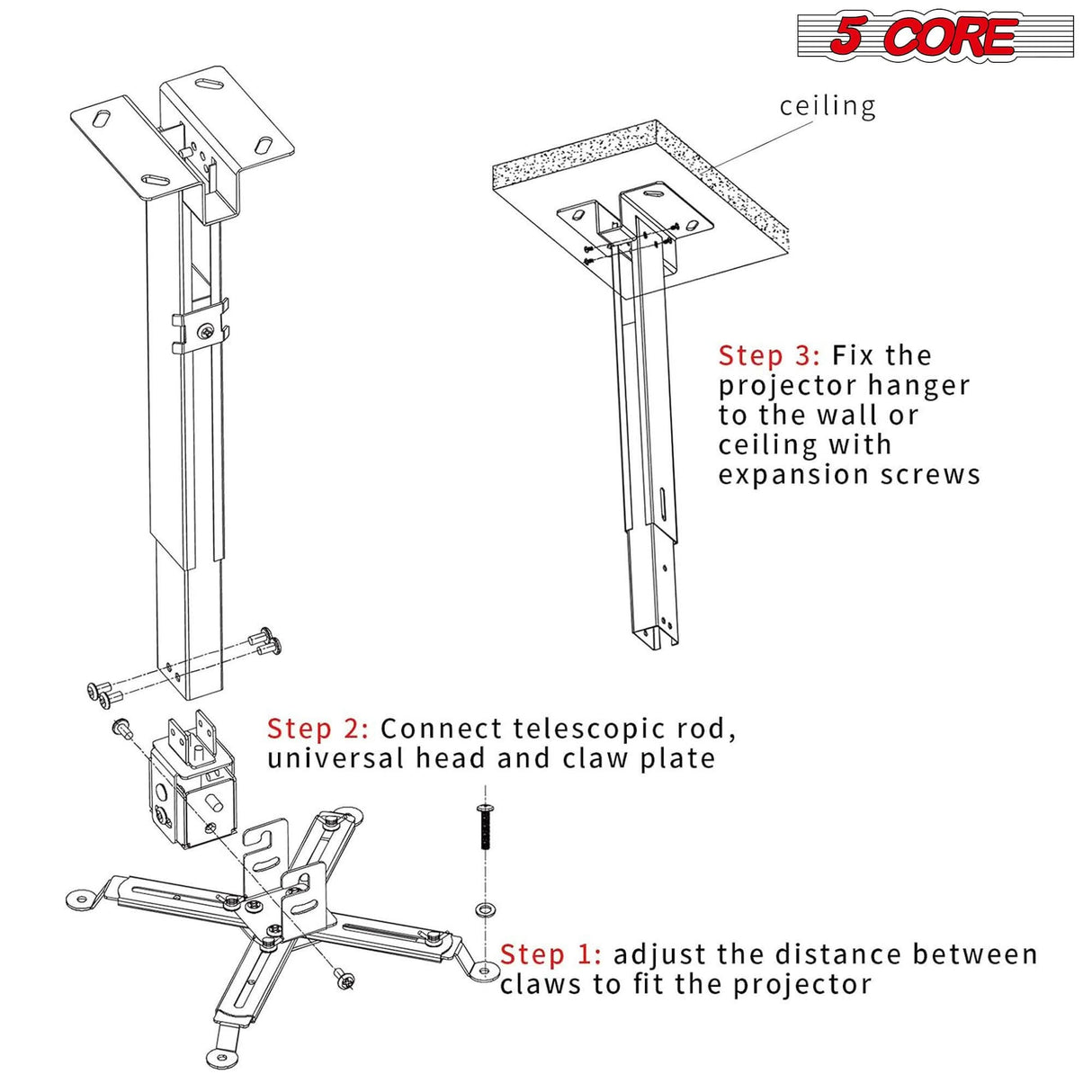 Sturdy 5Core projector mount black wall or ceiling 40lb capacity