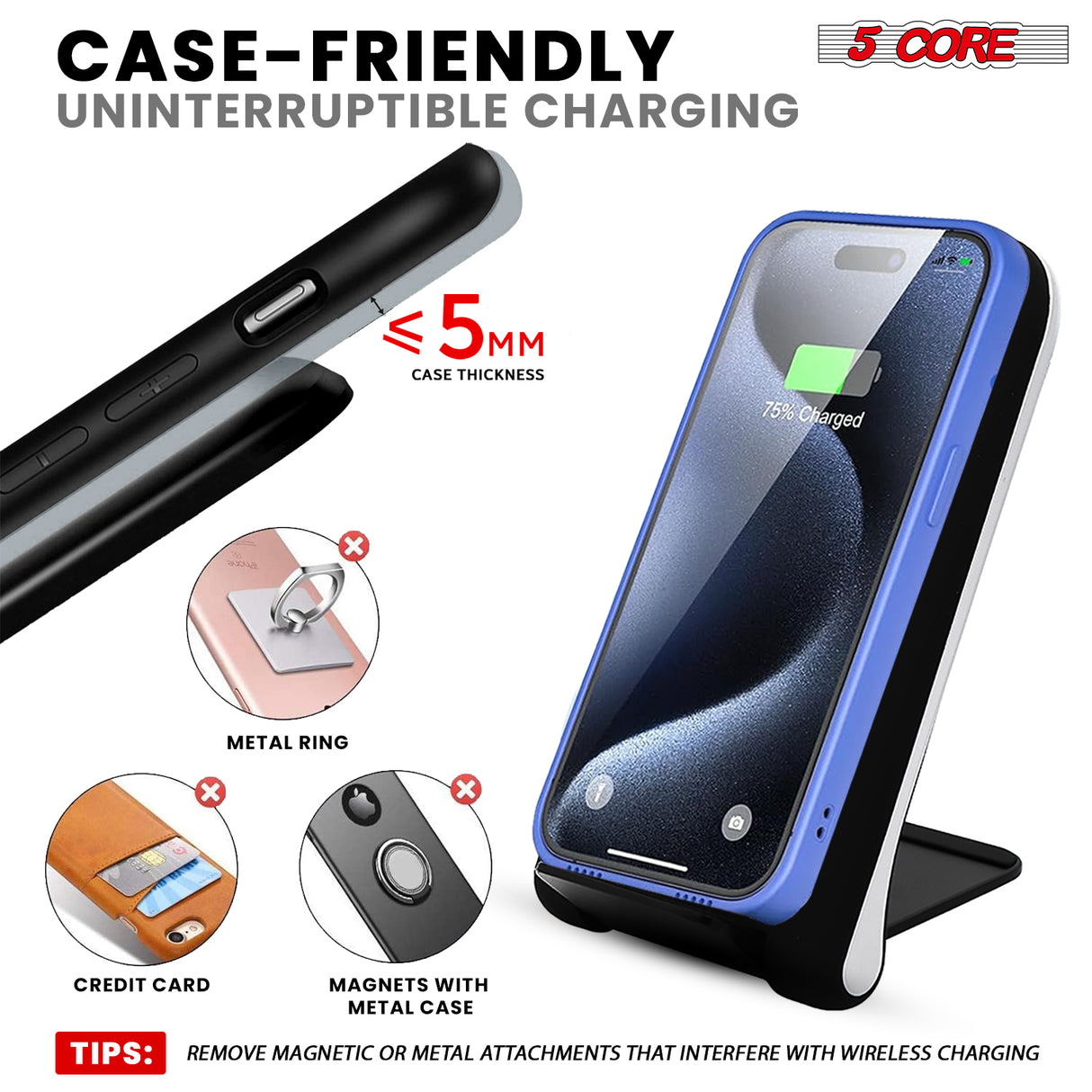 5 Core Wireless Charging Stand 2 Pieces 10W Fast Wireless Charger Station with Sleep-Friendly Light