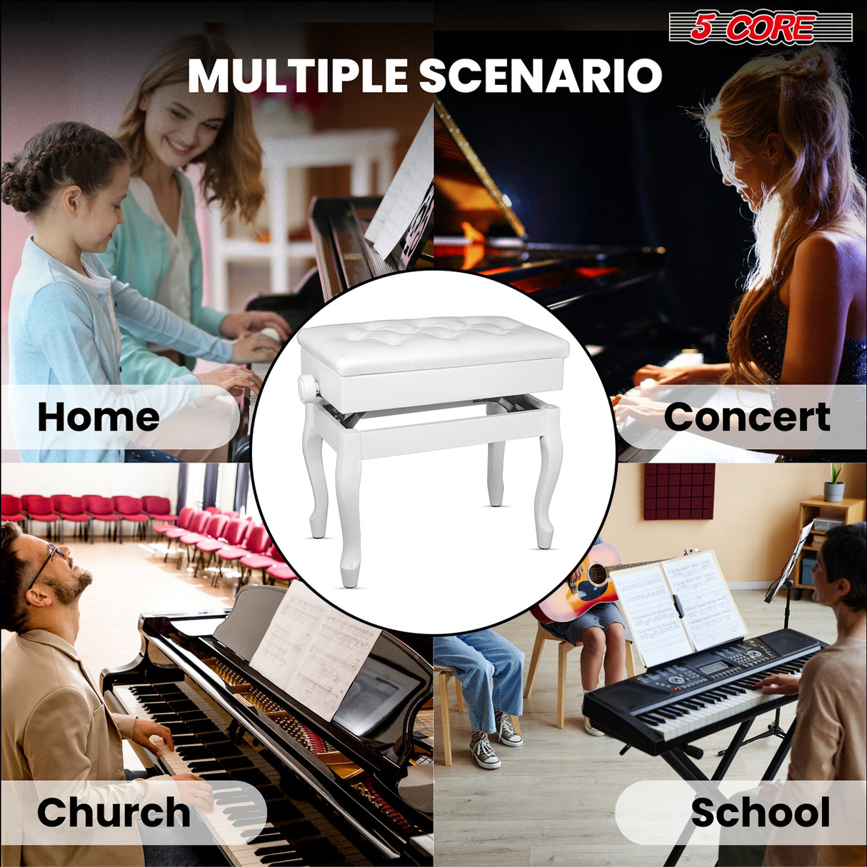 5 Core Piano Bench 3" Padded Cushioned Stool Wooden Heavy Duty Adjustable Musician Chair w Storage
