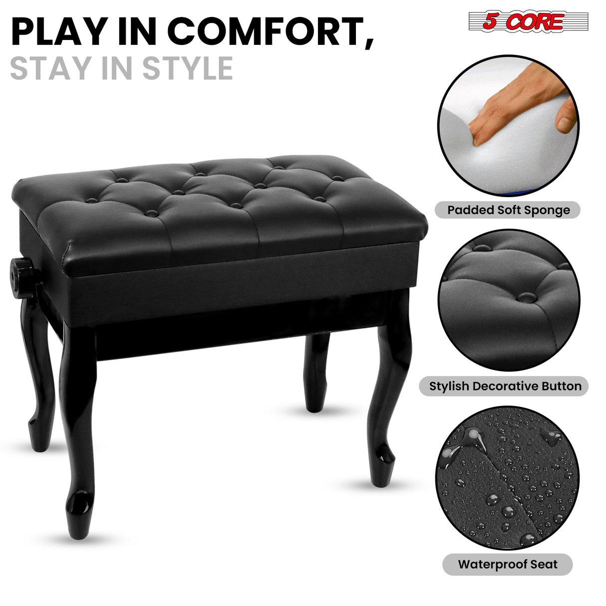 5 Core Piano Bench 3" Padded Cushioned Stool Wooden Heavy Duty Adjustable Musician Chair w Storage