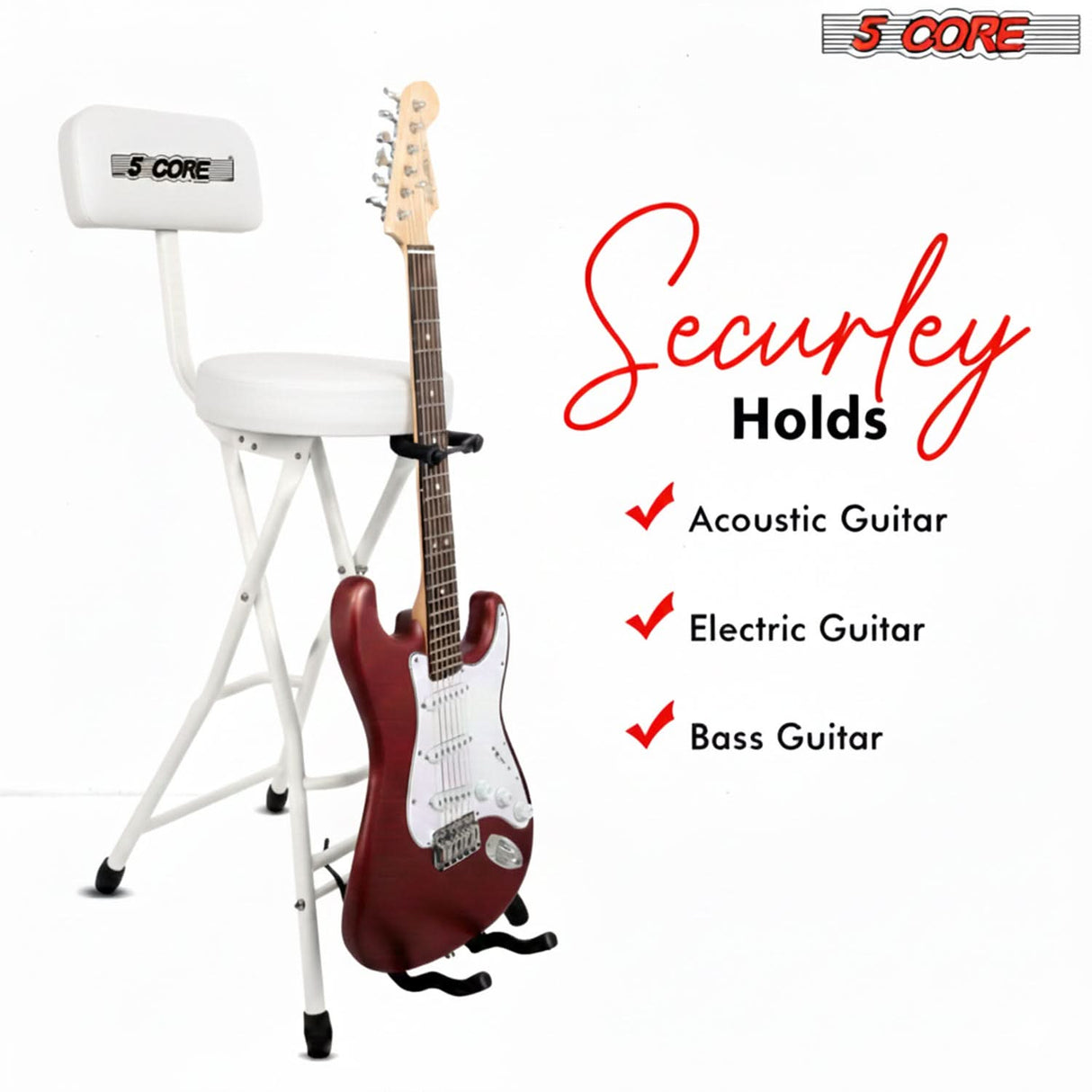 5Core Guitar Stool 3.15" Padded Chair w Backrest Foldable Music Seat Built in Foot Rest Guitar Stand