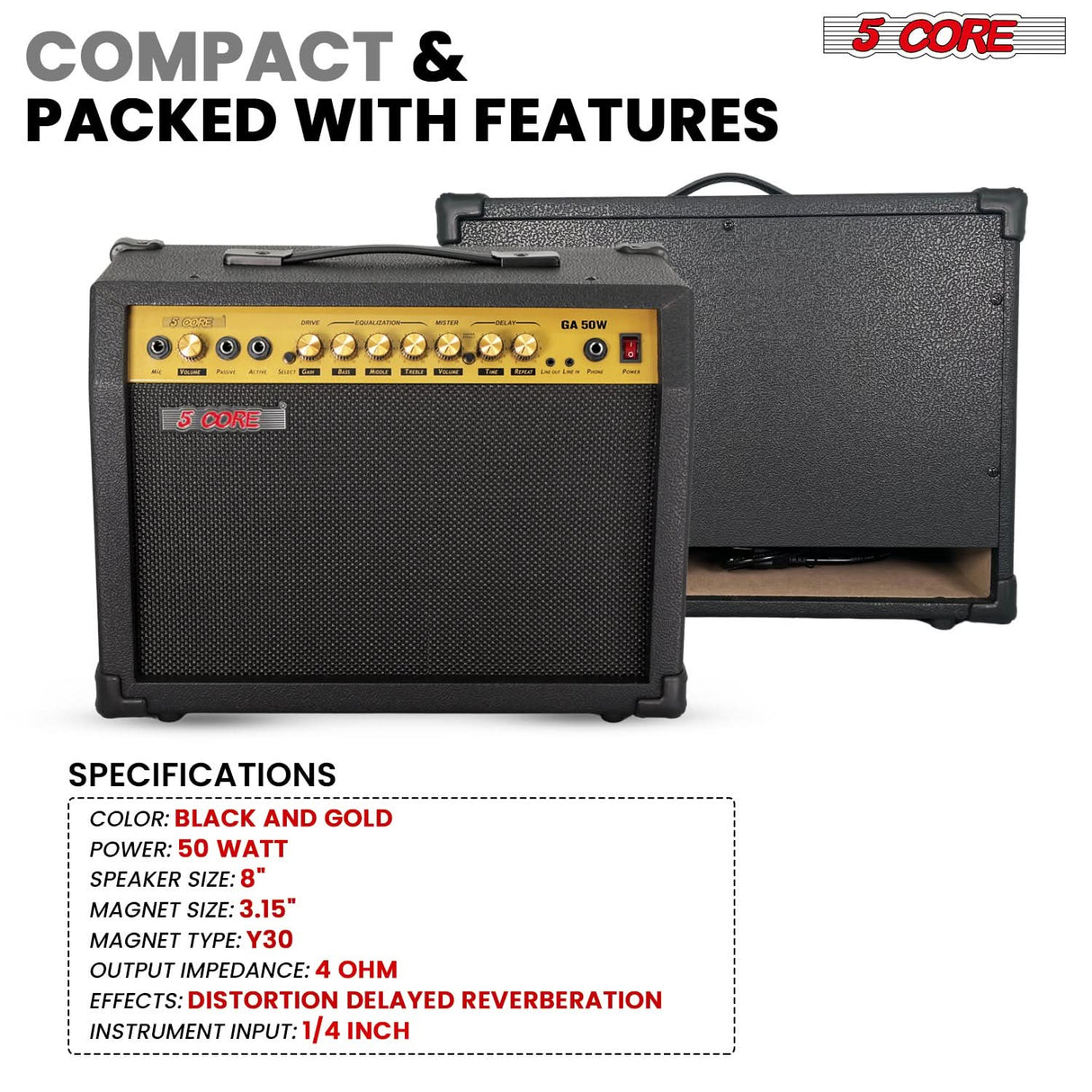 5 Core Guitar Amp 50 Watt Electric Amplifier w Built in 8" Speaker Portable Mini Amps w Aux