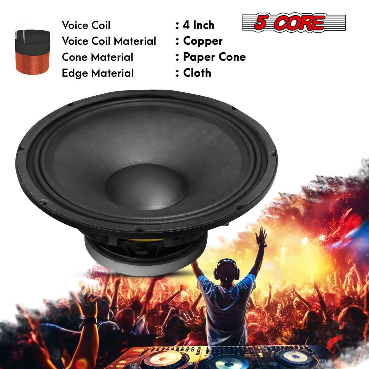 5Core DJ speaker with 8 ohm impedance and durable cone material