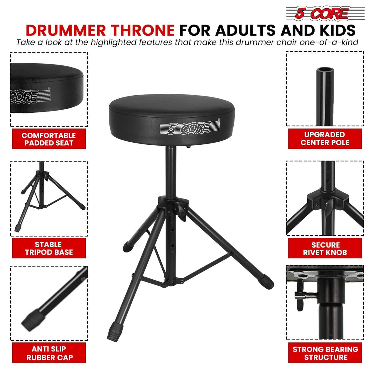 5 Core Drum Throne 3" Thick Padded Memory Foam Comfortable Drummer Stool 330Lb Capacity Adjustable