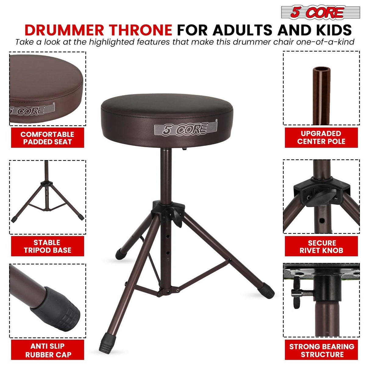 5 Core Drum Throne 3" Thick Padded Memory Foam Comfortable Drummer Stool 330Lb Capacity Adjustable