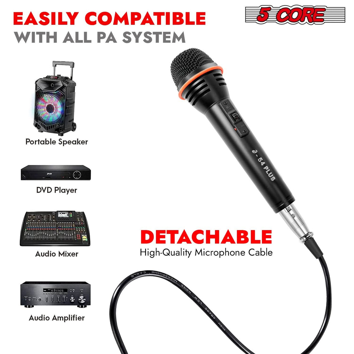 5 Core Microphone 2Pc Dynamic Vocal Handheld Mic Cardioid Singing Karaok Microfono w On Off Switch