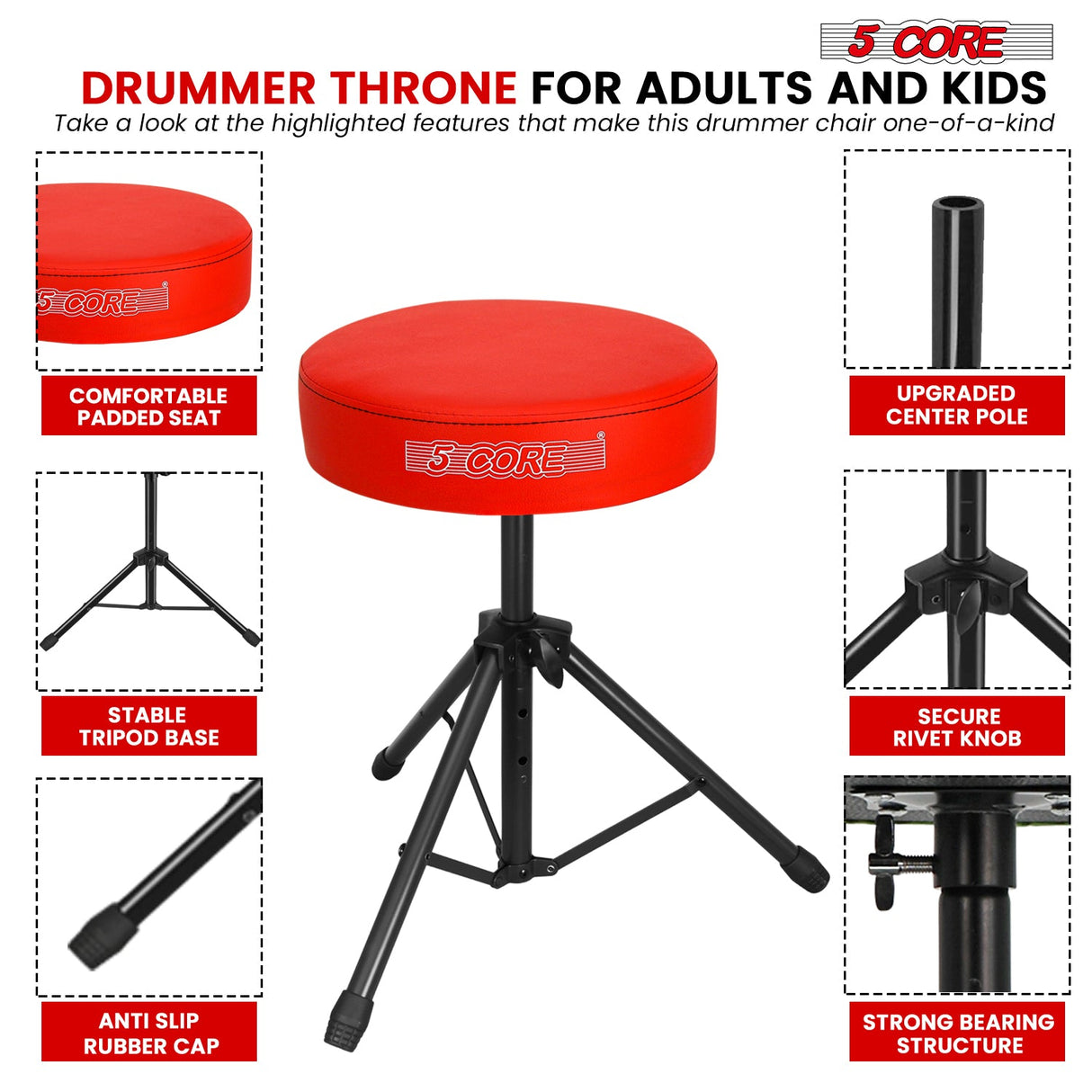 5 Core Drum Throne 3" Thick Padded Memory Foam Comfortable Drummer Stool 330Lb Capacity Adjustable