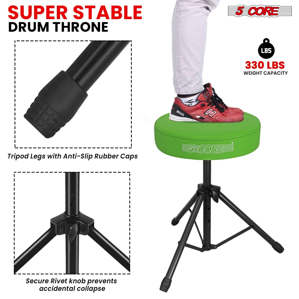 5 Core Drum Throne 3" Thick Padded Memory Foam Comfortable Drummer Stool 330Lb Capacity Adjustable