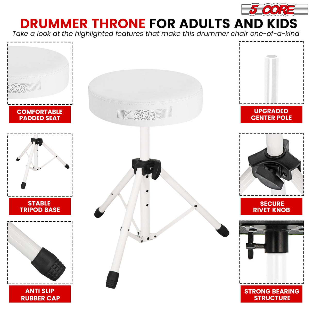 5 Core Drum Throne 3" Thick Padded Memory Foam Comfortable Drummer Stool 330Lb Capacity Adjustable