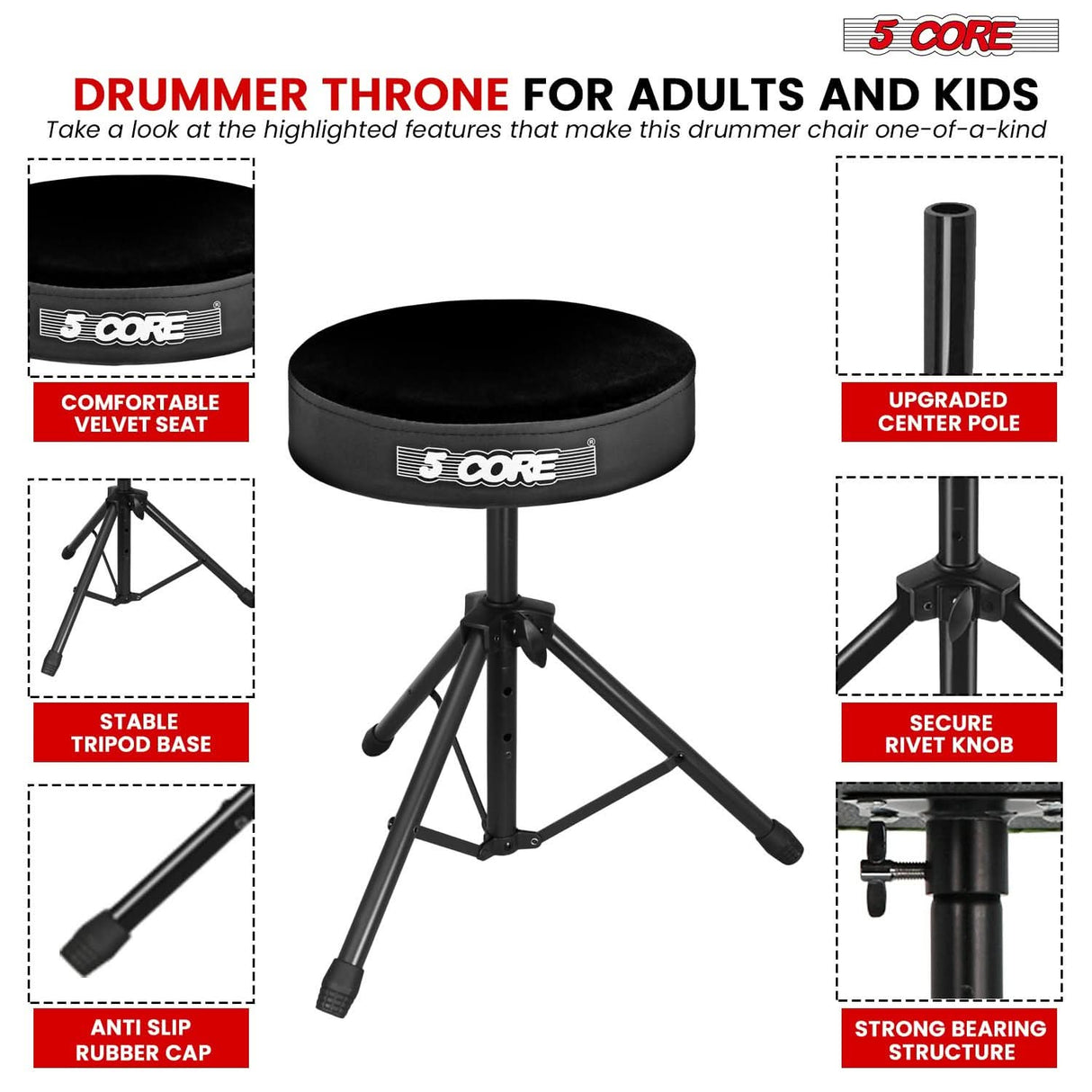5 Core Drum Throne 3" Thick Padded Memory Foam Comfortable Drummer Stool 330Lb Capacity Adjustable