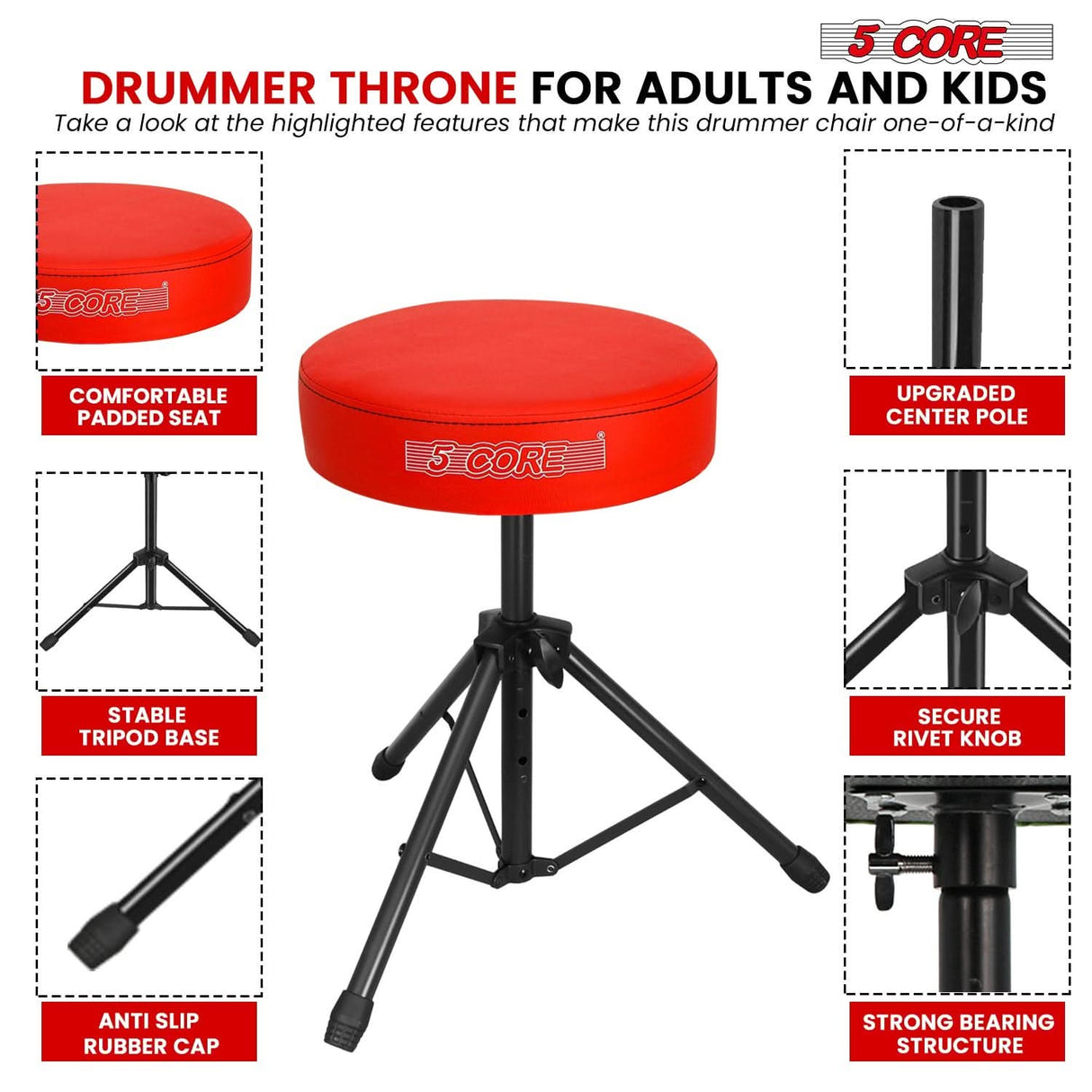 5 Core Drum Throne 3" Thick Padded Memory Foam Comfortable Drummer Stool 330Lb Capacity Adjustable