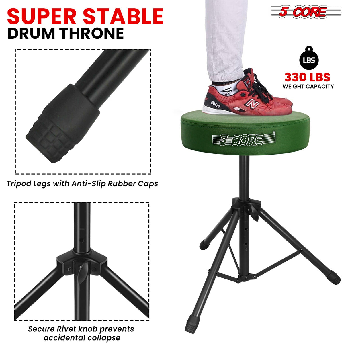 5 Core Drum Throne 3" Thick Padded Memory Foam Comfortable Drummer Stool 330Lb Capacity Adjustable