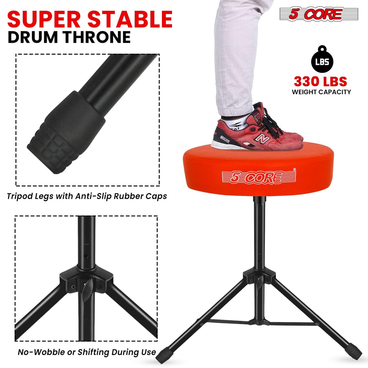 5 Core Drum Throne 3" Thick Padded Memory Foam Comfortable Drummer Stool 330Lb Capacity Adjustable