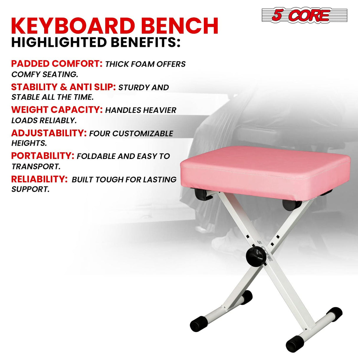 5 Core Piano Stool 20.5 inch adjustable seating side angle