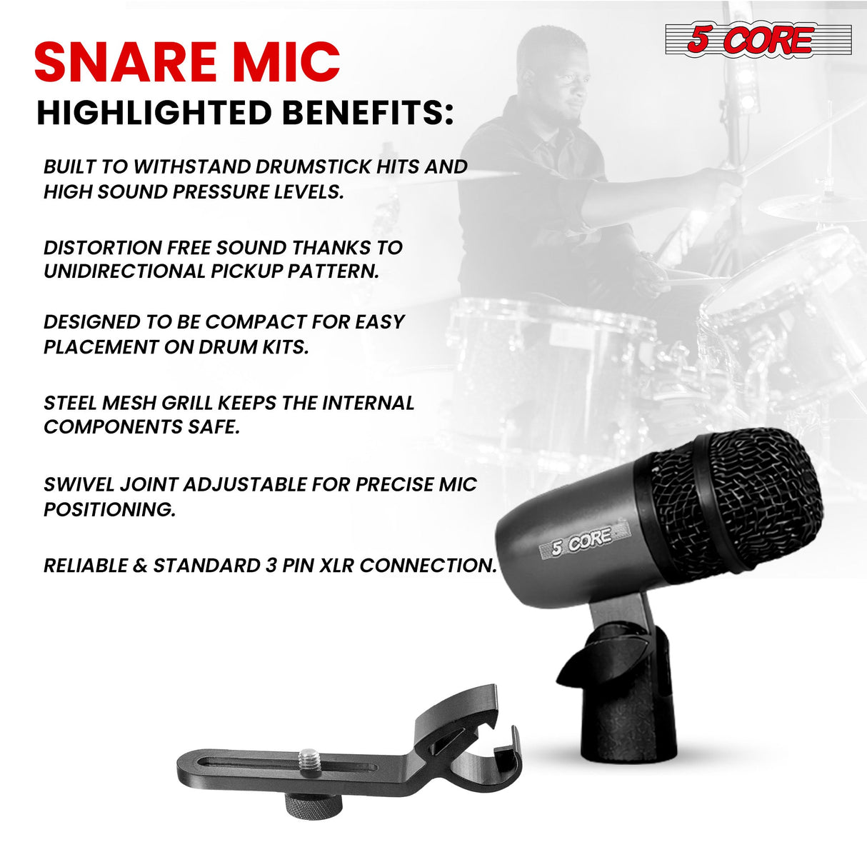 5Core Snare Mic XLR Cardioid Tom Drum Kick Instrument Microphone BLACK