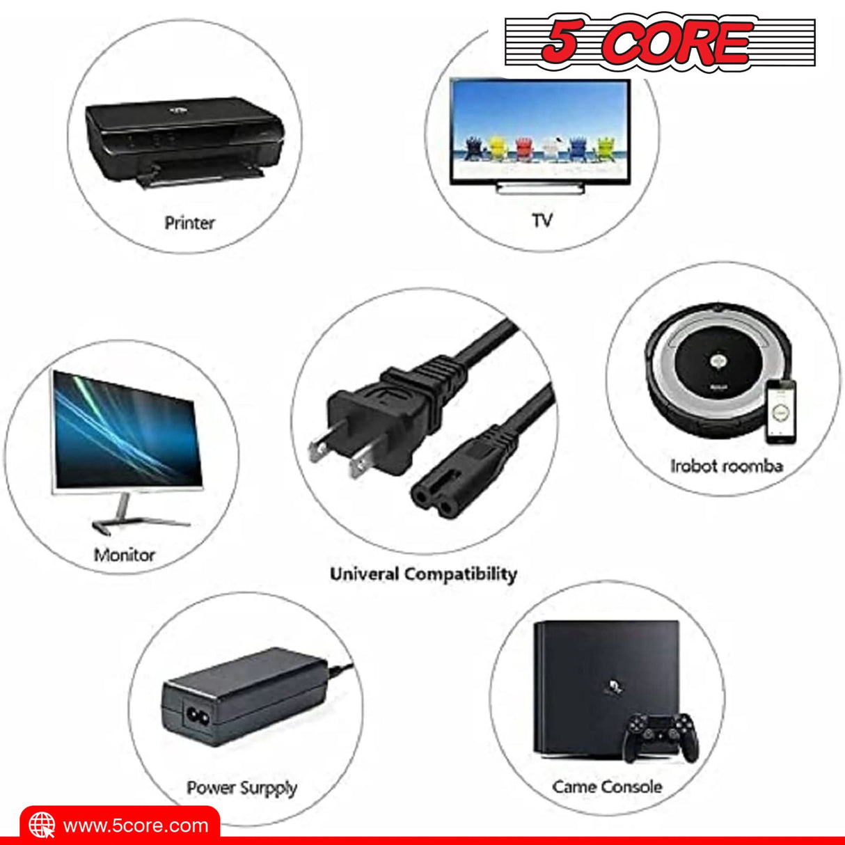 5Core Extension Power Cord 2 Prong universal compatibility view