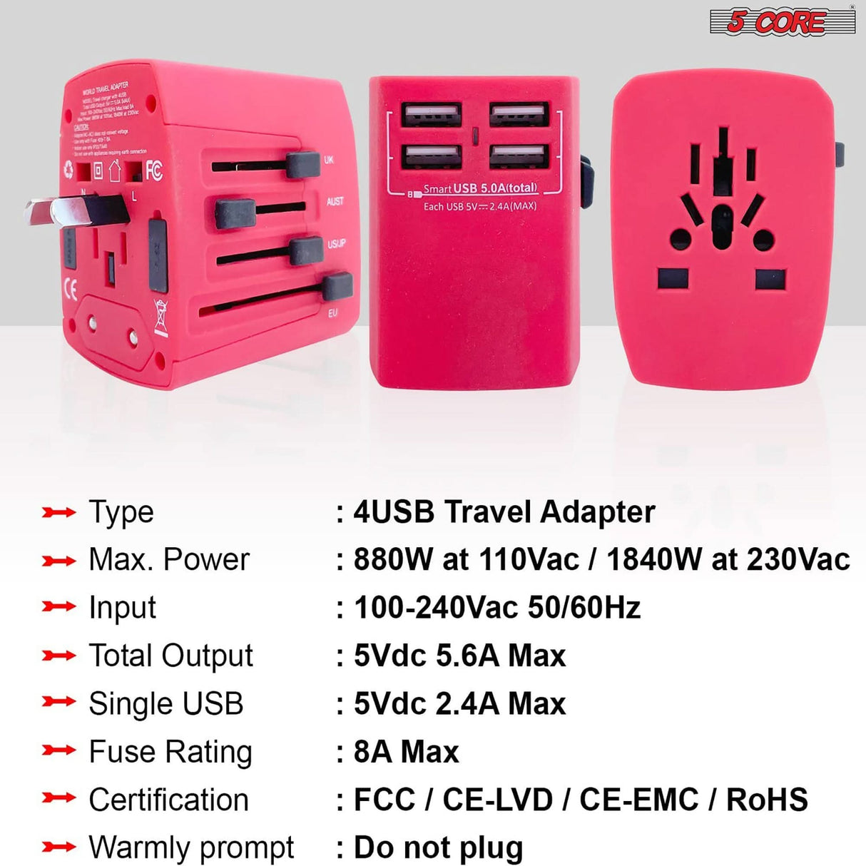 Portable travel adapter featuring USB charging