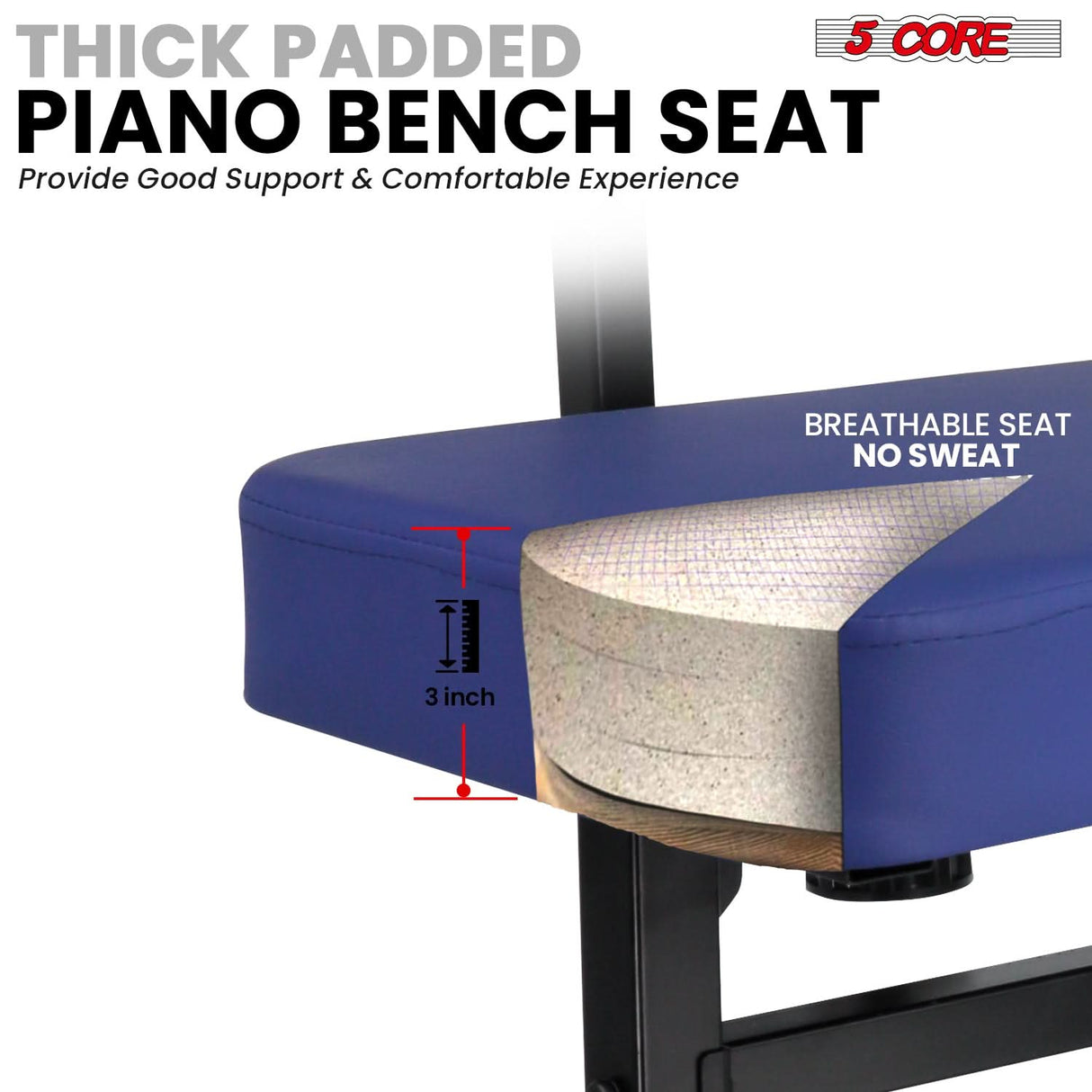 5 Core Piano Bench 3" Padded Cushioned Stool w Backrest Heavy Duty Musician Chair Height Adjustable