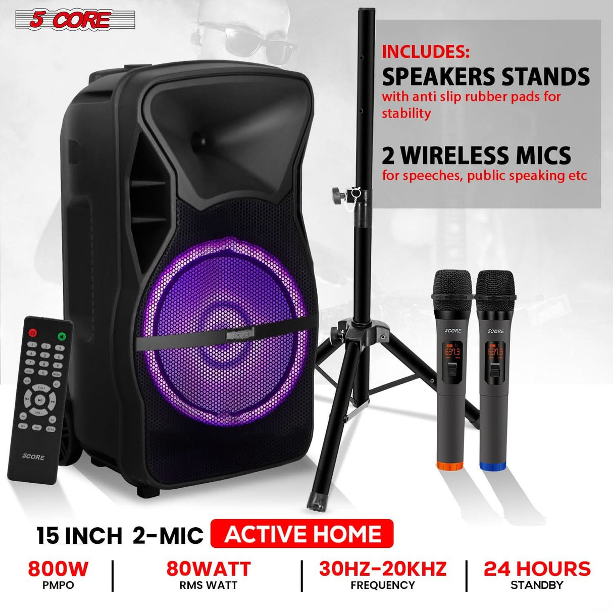 5 Core 800W party speaker wireless mic connection view