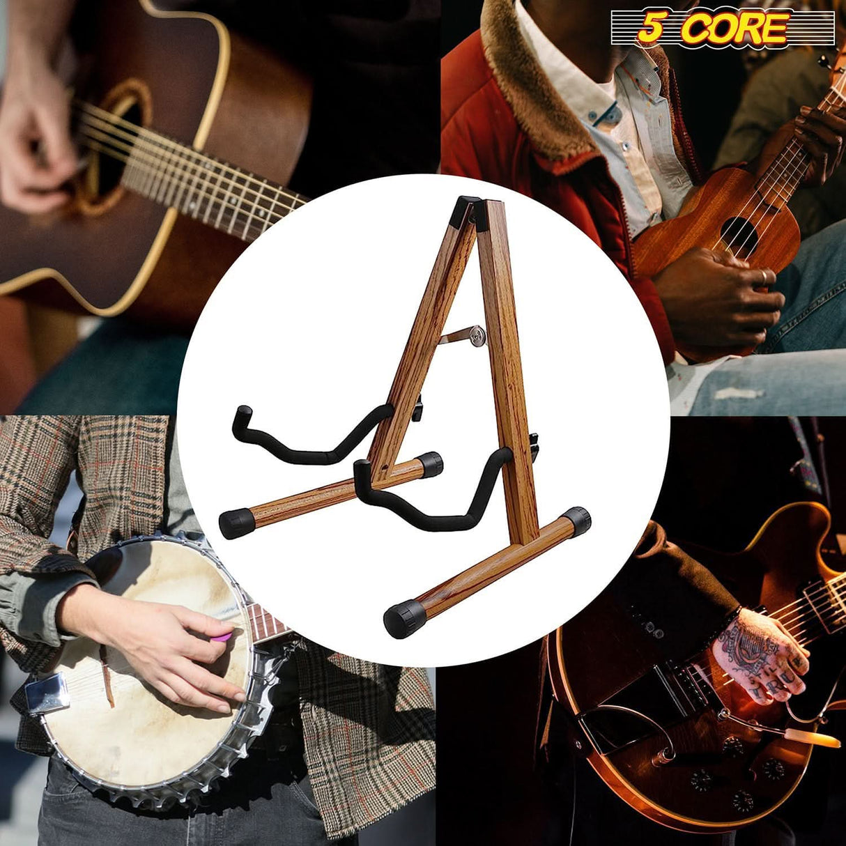 5Core guitar stand with solid wood frame and universal compatibility