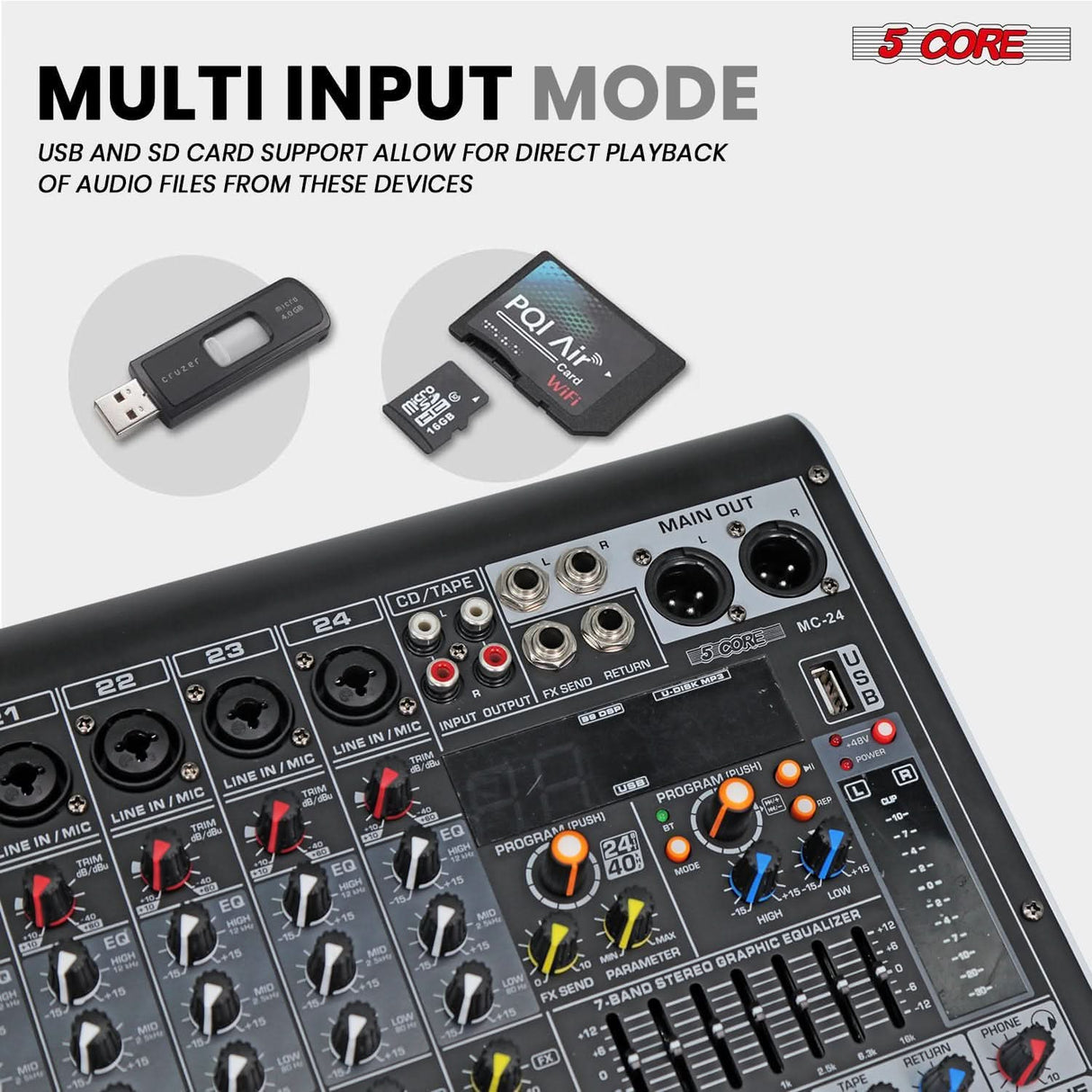 5Core 24-channel audio mixer with Bluetooth, USB, and PA analog mixing for DJs and sound engineers