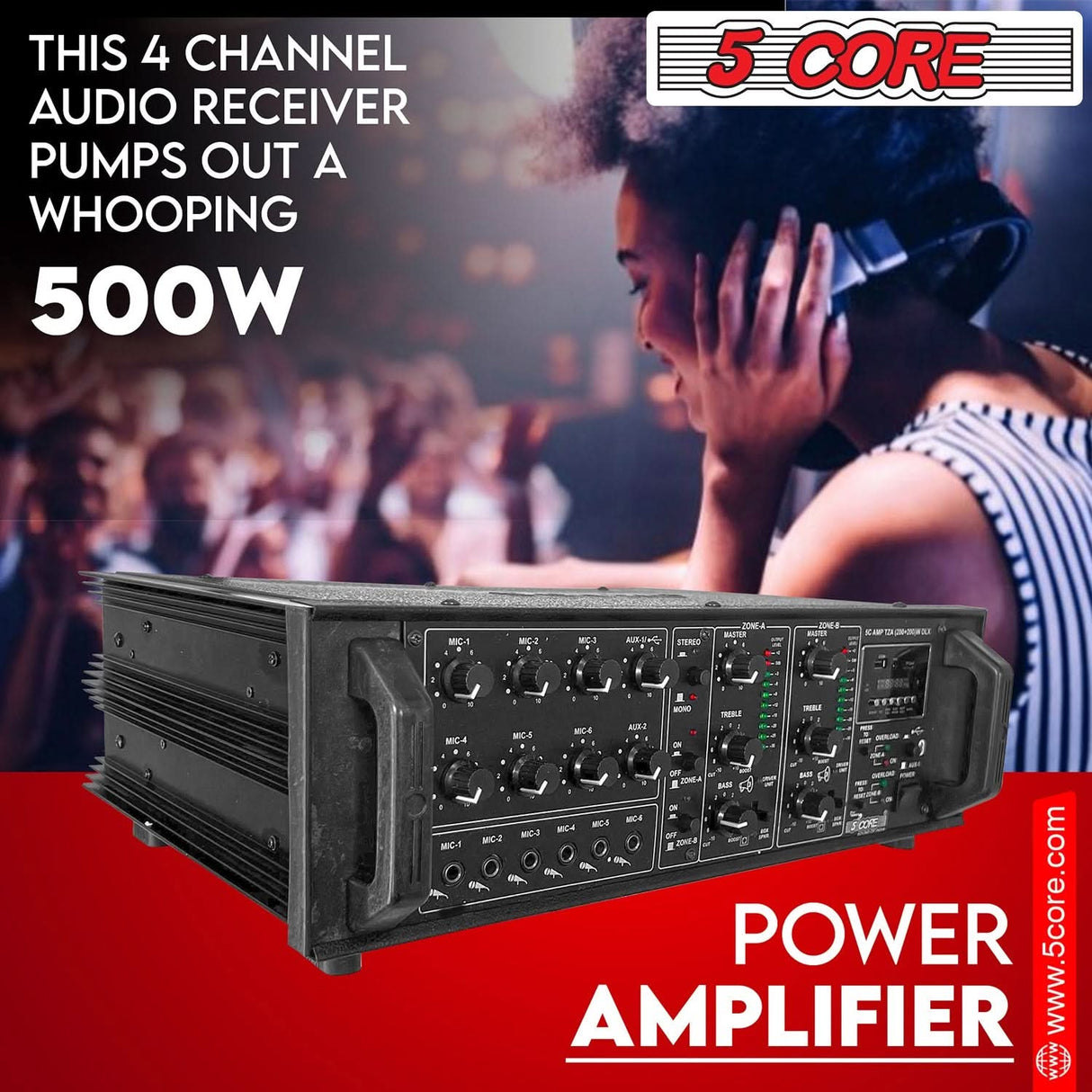 5Core Amp 500W Amplifier Home Audio PA Bass DJ Stereo Receiver Rack Mount Passive Speaker Amplificador