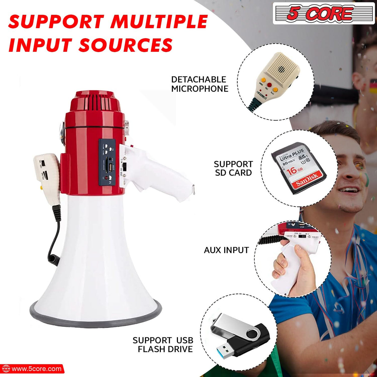 5 Core Megaphone 60W Bull Horn Professional PA Speaker w 1200 Yards Range Loud Siren Voice Amp