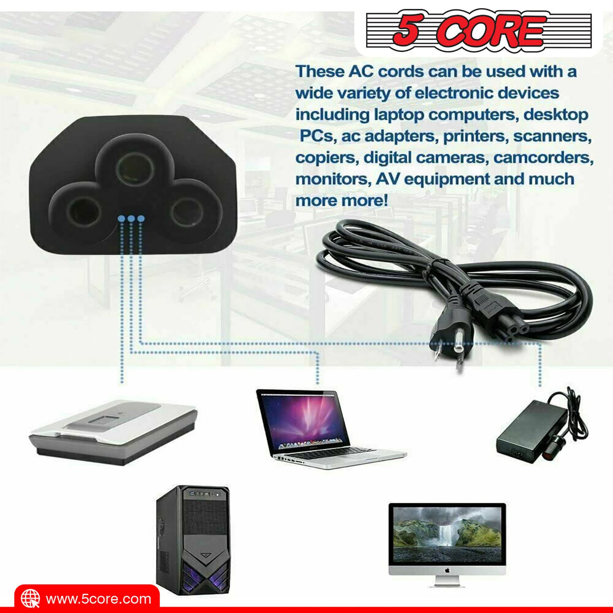 5Core 3-Prong Extension Power Cable Indoor Outdoor Use View