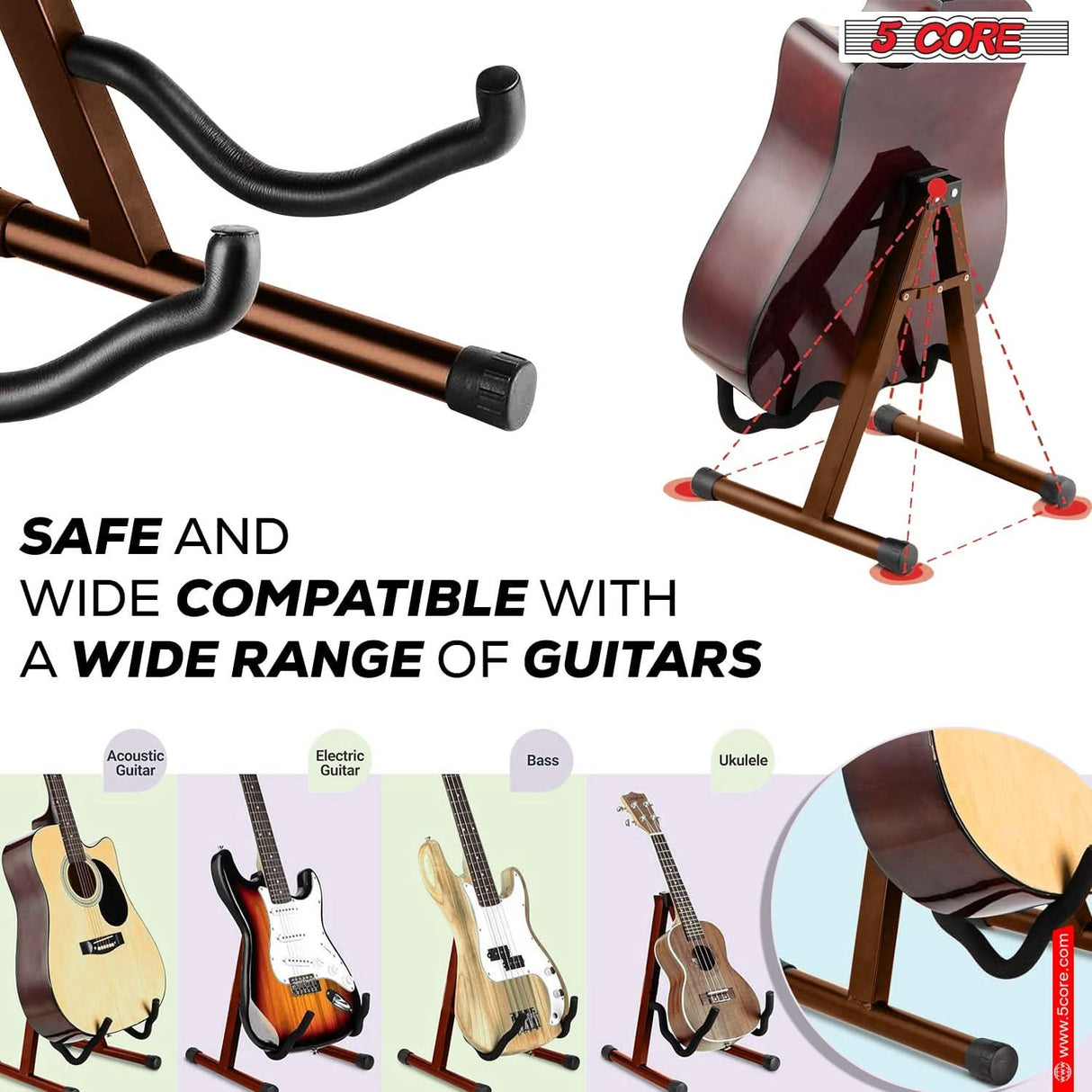 5Core classic brown guitar stand for acoustic, bass, or electric