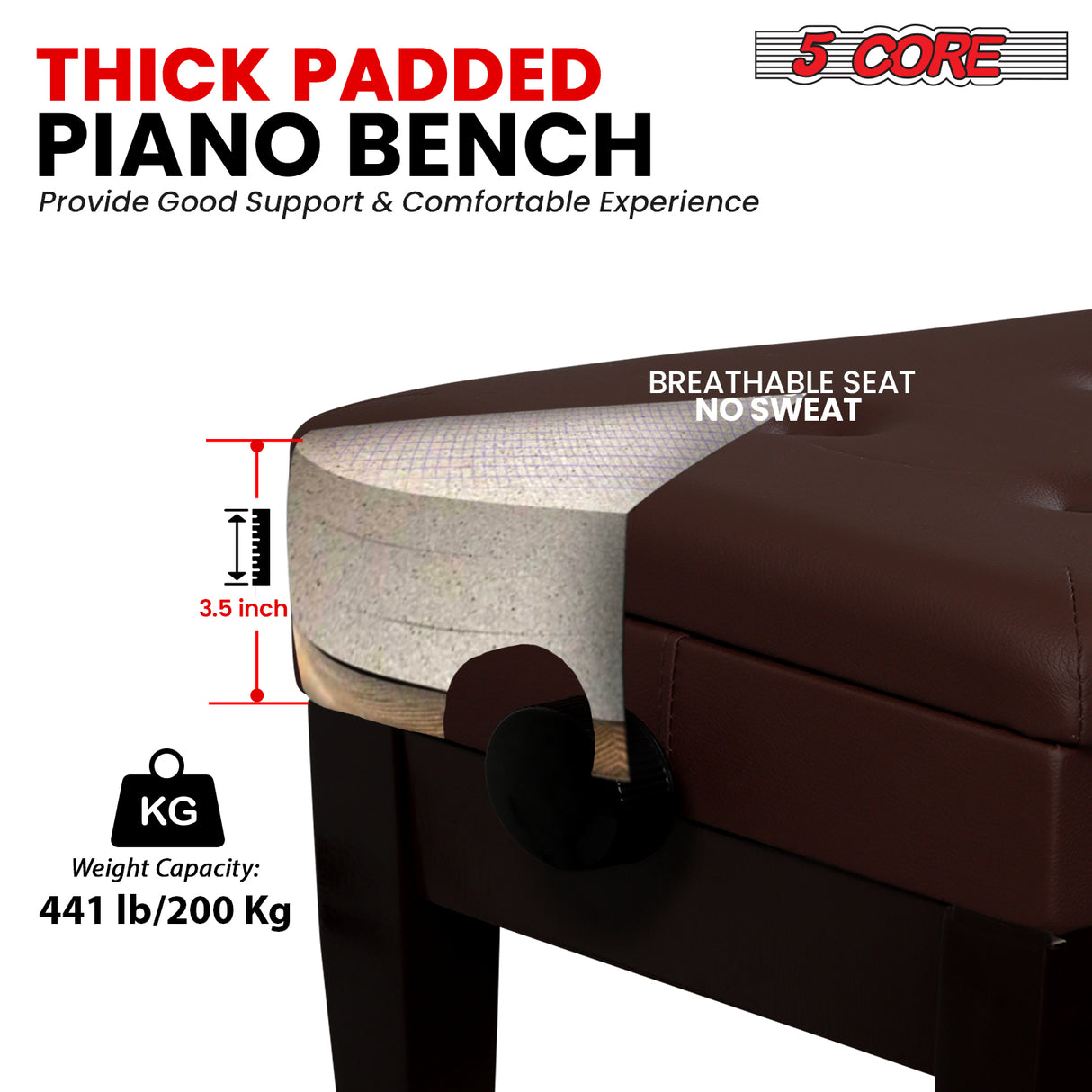 5 Core Duet Piano Bench 3.5 Inch Padded Cushioned Stool Wooden Heavy Duty Musician Chair w Storage