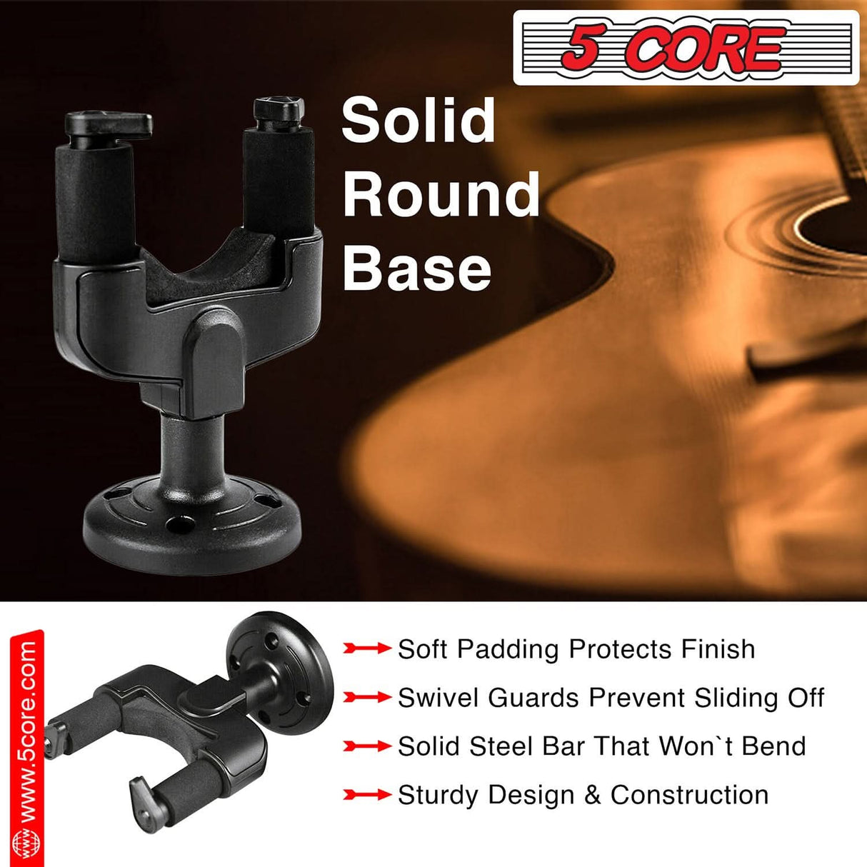 5Core Guitar Wall Mount Hanger 4Pcs Adjustable Display Wall Hook Holder Hard Wood Base